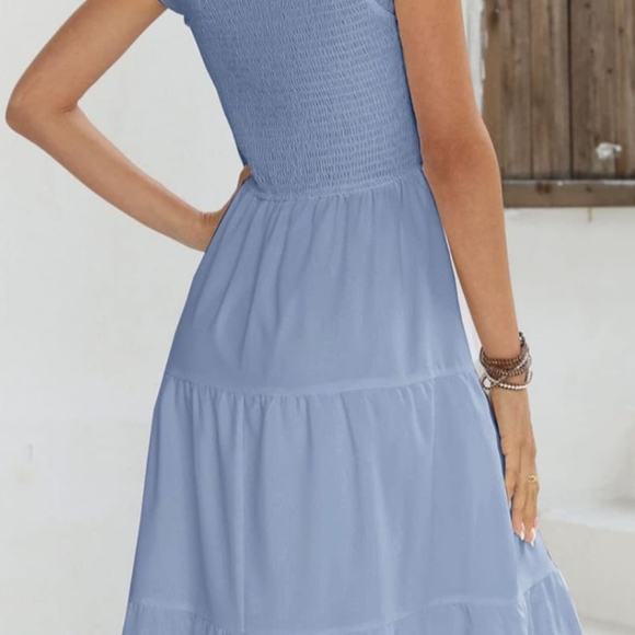 Women's Summer Casual Flutter Short Sleeve Crew Neck Smocked Elastic Waist Tiere - Picture 1 of 4